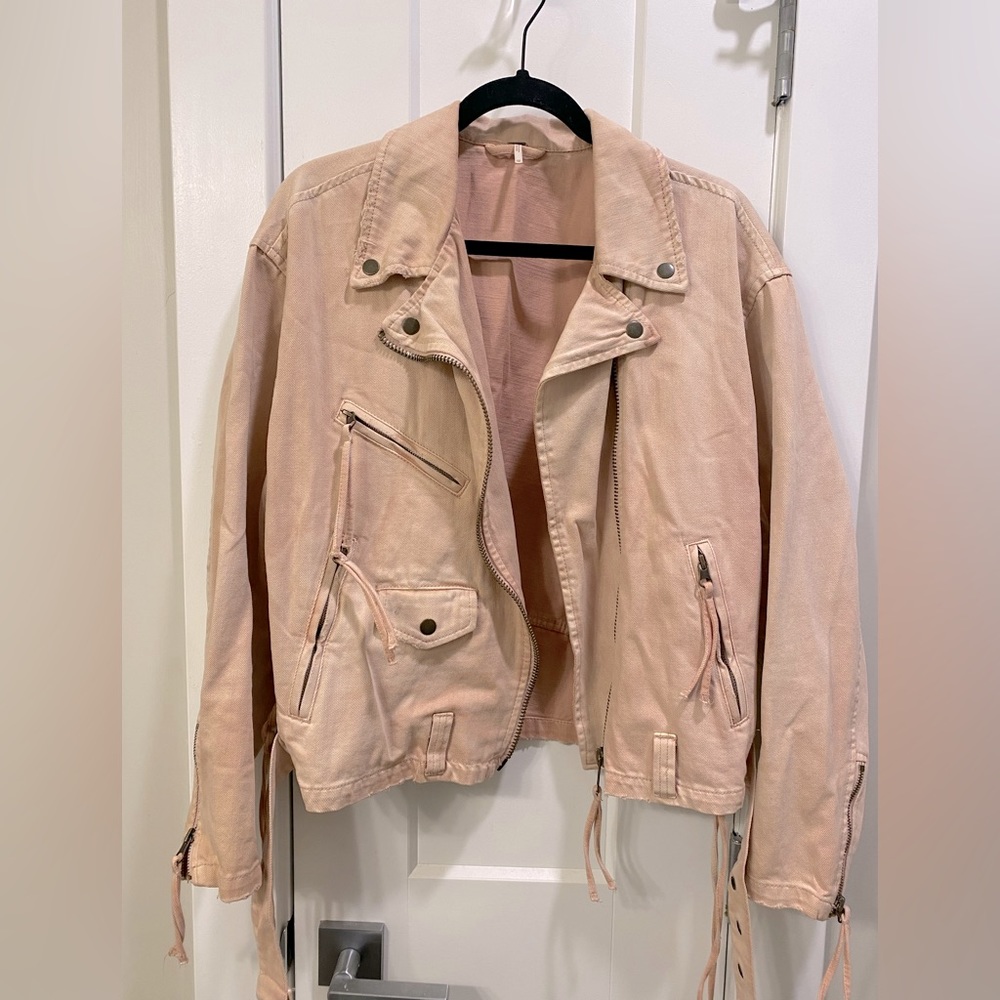 Free People Light Pink Denim Motorcycle Style Jacket